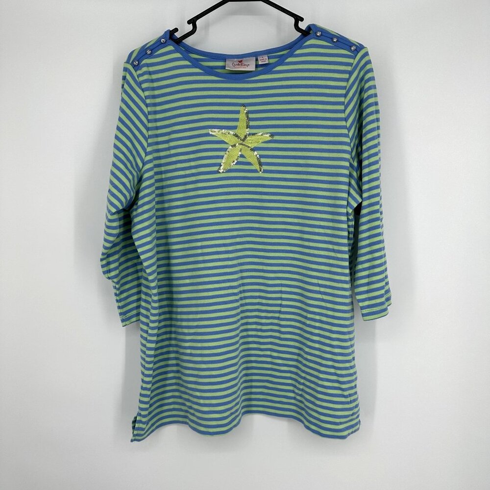 Quacker Factory‎ Women's Blouse Green & Blue Stripe Size Large Starfish decal